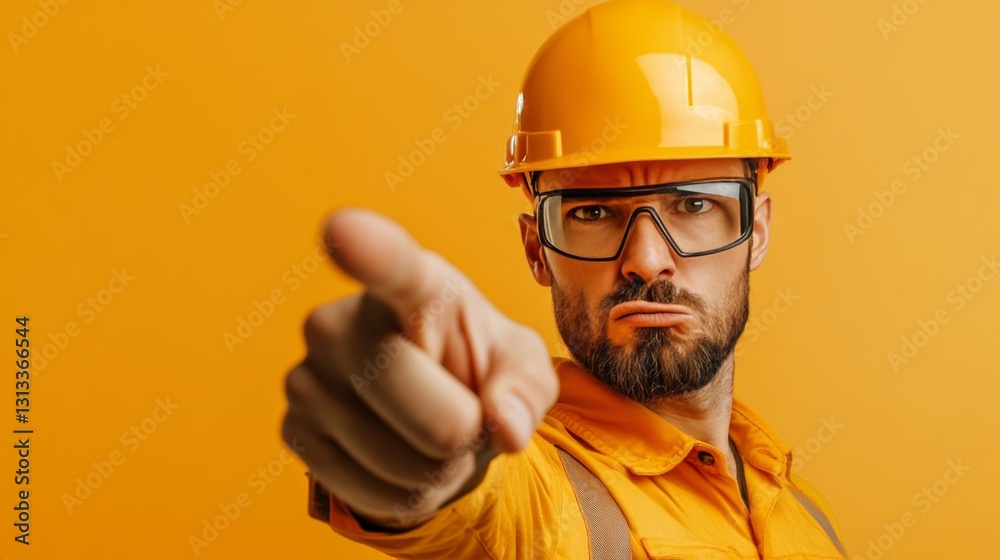 angry construction worker, wearing hard hat, pointing aggressively, isolated on pastel beige background, minimal worksite conflict scene angry construction worker, wearing hard hat, pointing aggressively, isolated on pastel beige background, minimal worksite conflict scene