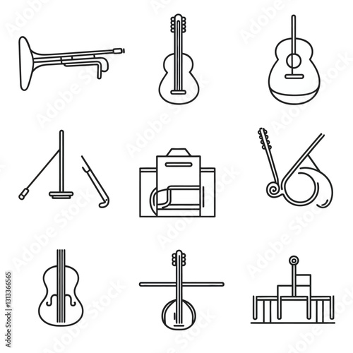 Musical Instruments Outline Illustration, Strings, Brass, Bowed, and Percussion