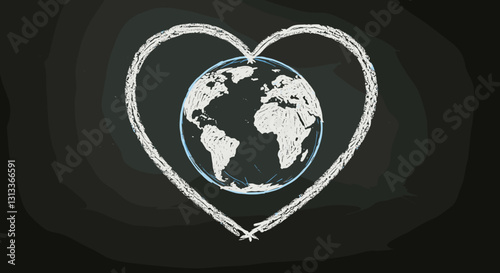 Earth inside a heart drawn with chalk on a black background.
