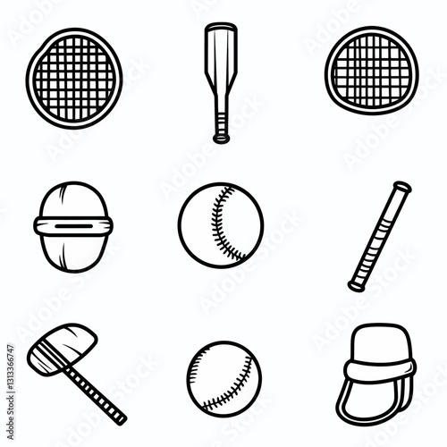 Baseball and Tennis Equipment Outline Set Sports Gear Illustration Vector