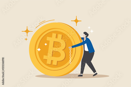 What is Bitcoin and blockchain technology, knowledge or crypto currency technology, blockchain class and education concept, businessman expert explain blockchain technology on golden Bitcoin coin.