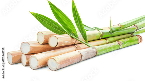 Fresh sugarcane stalks with green leaves on white background.