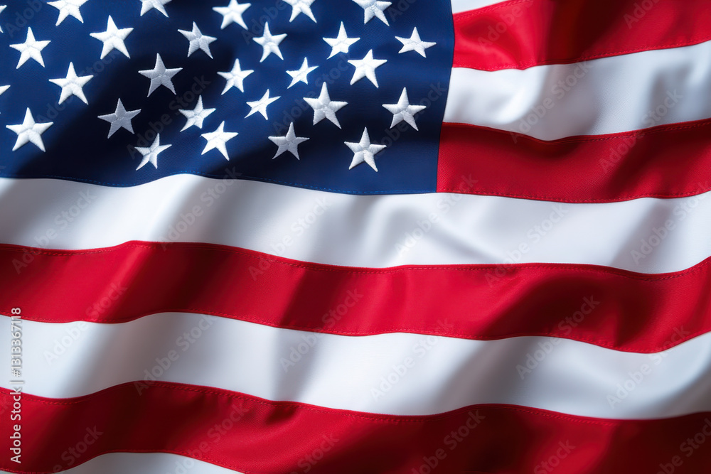 Fototapeta premium American flag waving proudly on a clear blue sky, symbolizing freedom and patriotism.