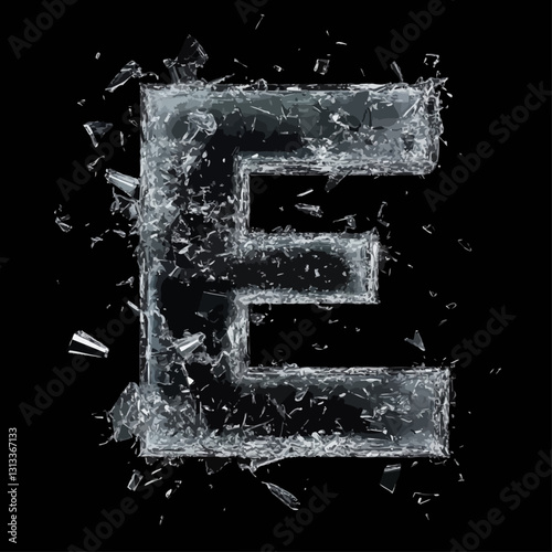 Shattered Ice Letter E on Black Background Reveals Fragility of Structures