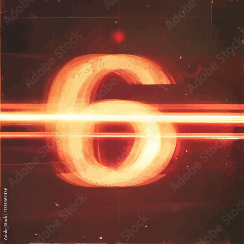 Glowing Number 6 in Retro Style with Light Streaks and Grunge Texture