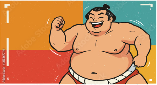 Happy sumo wrestler raising fist in colorful cartoon style.
