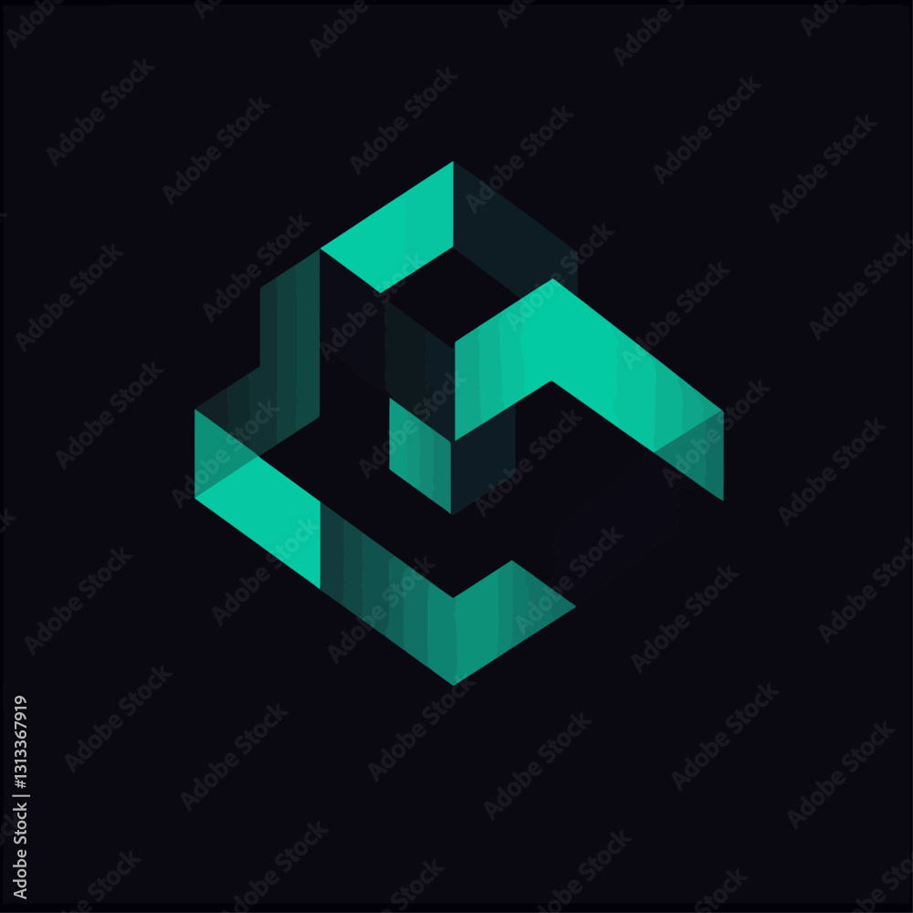 Teal Geometric Cube Logo on Black for Tech Brand Identity Design Teal Geometric Cube Logo on Black for Tech Brand Identity Design
