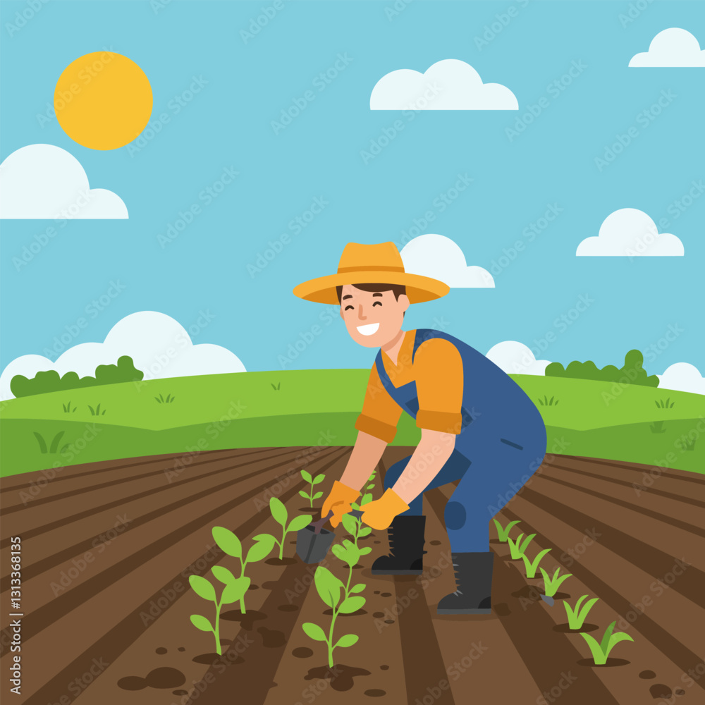 Farmer Planting Seedlings in Field Under Sunny Sky Agriculture Concept Farmer Planting Seedlings in Field Under Sunny Sky Agriculture Concept