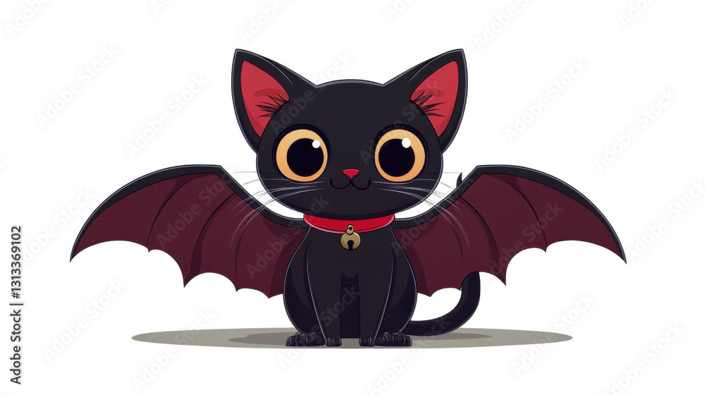 Obraz premium Black cat with bat wings wearing red collar on transparent background