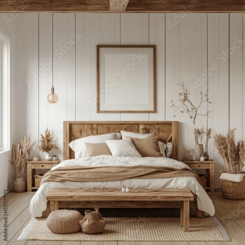 Rustic bedroom with wooden bed and framed art