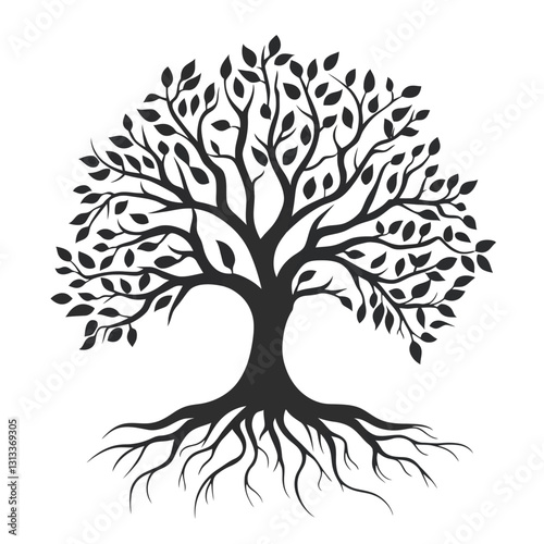 Silhouette Tree of Life: Roots, Branches, Leaves Symbolizing Growth and Nature