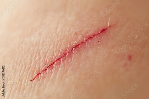 Close-up of a fresh, red cut on human skin, showing fine details of the wound.