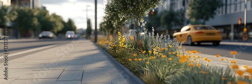 City sidewalk with flower garden, cars driving by buildings in the background, for urban or travel use