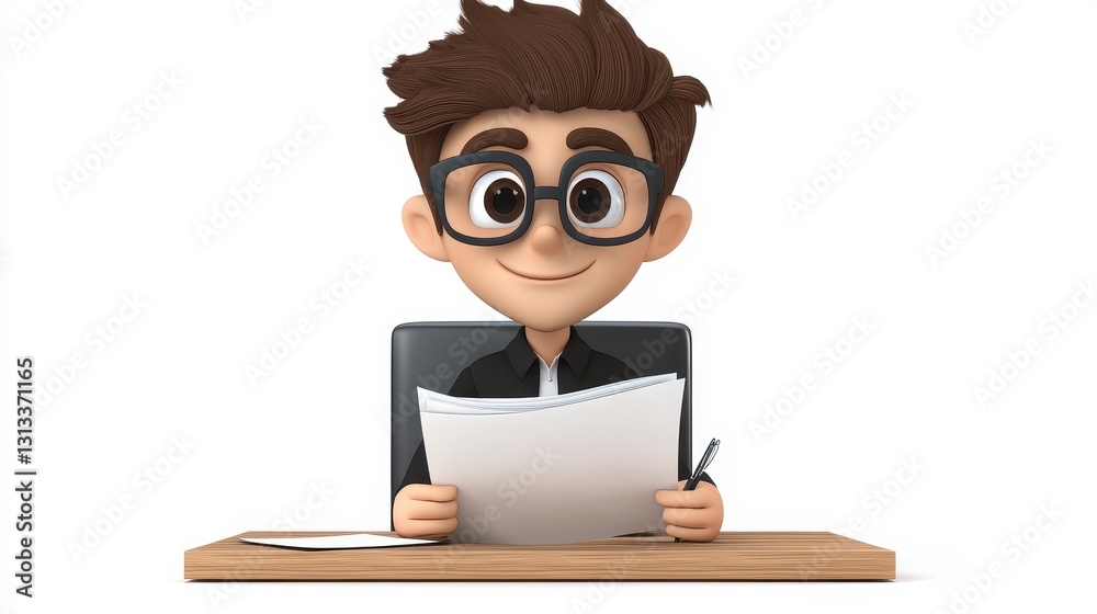 Cartoon Boy Character Sitting At Desk With Papers Cartoon Boy Character Sitting At Desk With Papers