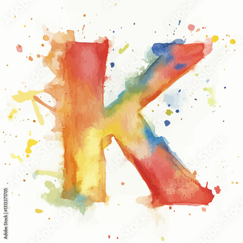 Letter K vibrant watercolor splash art on paper for artistic projects.