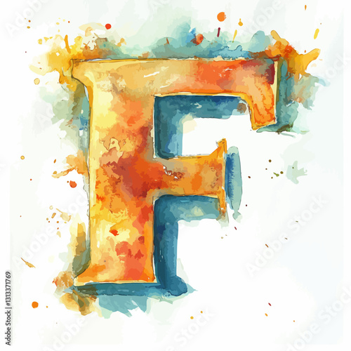 Watercolor Letter F: Artistic Typographic Design with Splashes and Textures