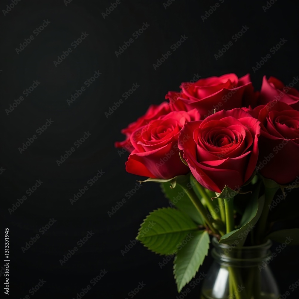 Fototapeta premium Elegant bouquet of red roses on a black backdrop, love, romantic, bouquet