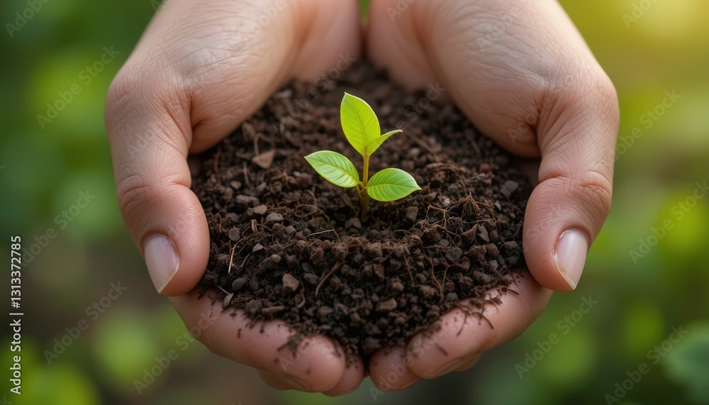 Hands Holding Seedling, New Growth, Soil - Sustainability Hands Holding Seedling, New Growth, Soil - Sustainability