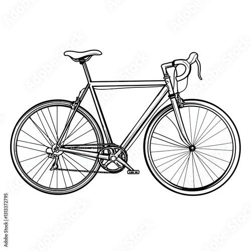 Black and white line art bicycle illustration on white background