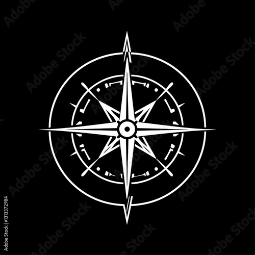 White compass rose illustration on a black background directional design