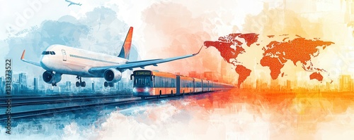 dynamic illustration depicts plane taking off and train on tracks, symbolizing global travel and connectivity with world map in background