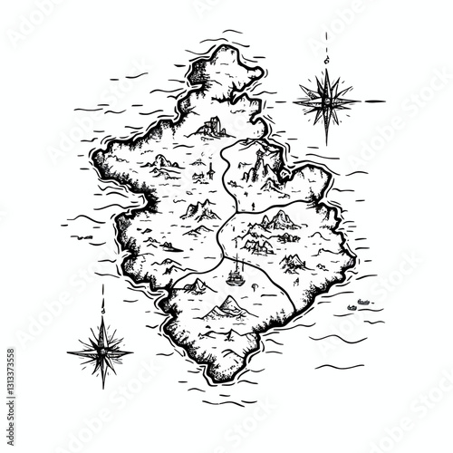 Detailed hand drawn illustration map with fantasy elements and compasses