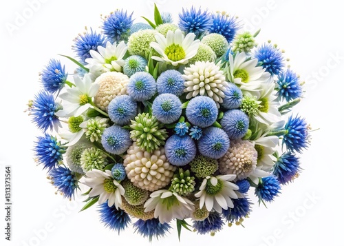 Spherical White & Blue Garden Flower Bouquet, Panoramic Blue-Gray Background Stock Photo