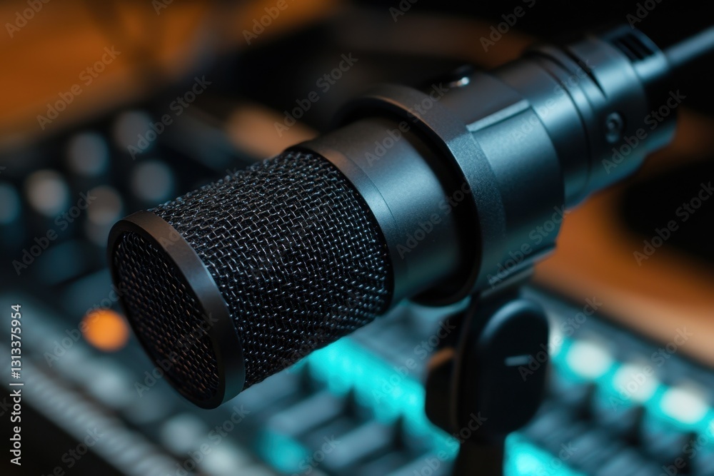 Pro microphone for podcast streaming focused on audio capture in a modern radio studio Pro microphone for podcast streaming focused on audio capture in a modern radio studio