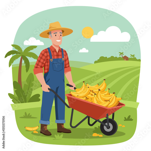 Farmer Wheeling Banana Harvest in Wheelbarrow on Sunny Tropical Field