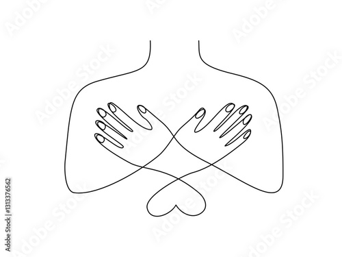Continuous line art of human hands doing butterfly hug, editable lineart vector illustration.
