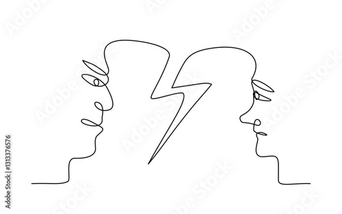Continuous line art of angry face with a woman face in relationship breakup concepts,editable lineart vector illustration.