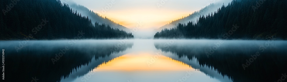 A foggy mountain lake, dense evergreen trees mirrored in the water, soft golden light filtering through the mist, serene and mystical ambiance, perfect symmetry, high-resolution nature photography A foggy mountain lake, dense evergreen trees mirrored in the water, soft golden light filtering through the mist, serene and mystical ambiance, perfect symmetry, high-resolution nature photography