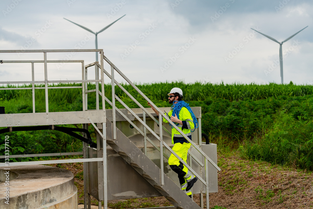 custom made wallpaper toronto digitalEngineer in bright gear climbs steps beside wind turbines during an inspection at a renewable energy site in the countryside