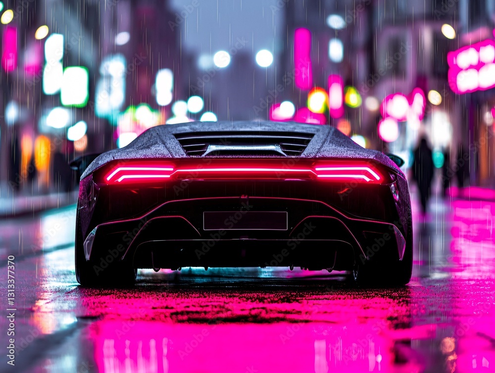 Φωτογραφία A luxury sports car parked on a wet city street, neon reflections highlighting i