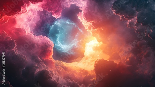 Fototapeta Naklejka Na Ścianę i Meble -  Colorful wispy clouds engulf a bright celestial body in space