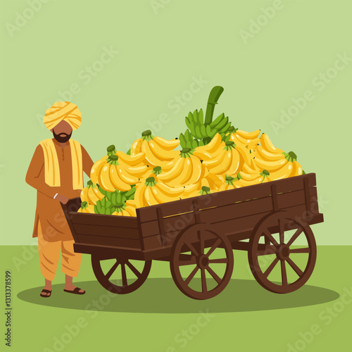 Farmer Pushing Cart Full of Ripe and Unripe Bananas