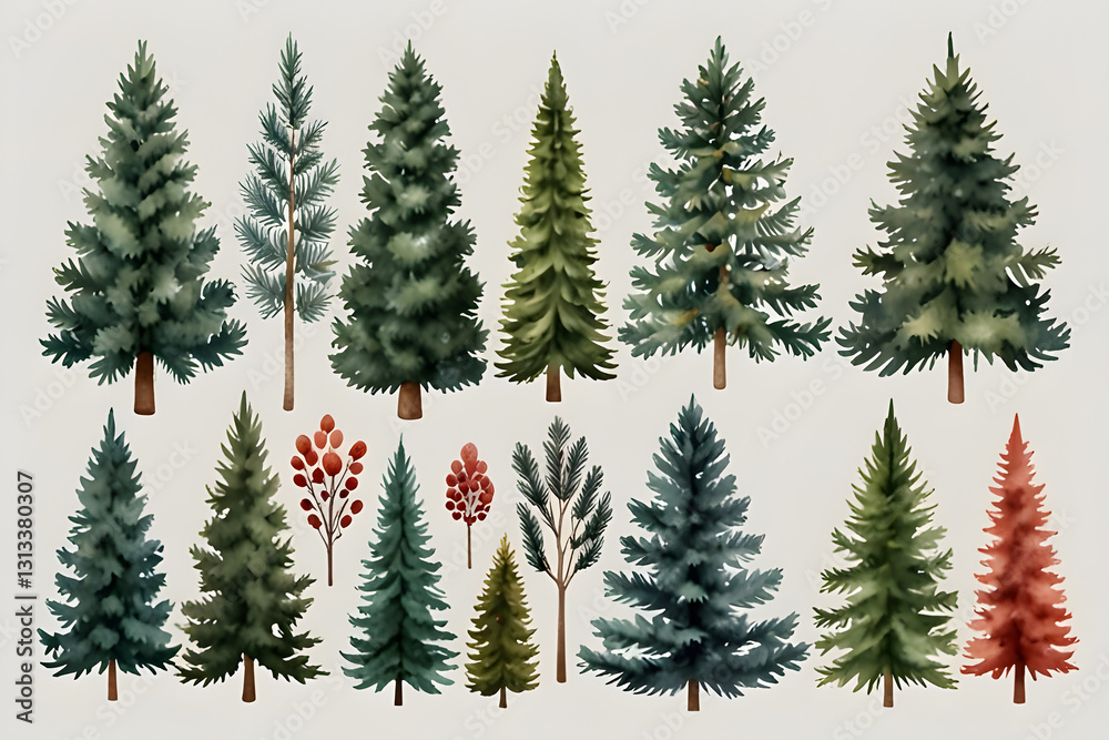 Obraz premium Collection of Christmas trees in watercolor style, isolated on white or transparent PNG.