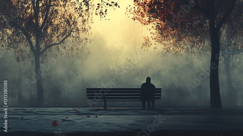 A solitary figure sits on a bench in a foggy park, surrounded by autumn foliage, evoking feelings of tranquility and introspection.