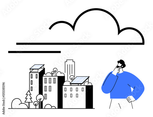 Person contemplating solar-powered buildings and green city concepts. Ideal for sustainability, renewable energy, eco-innovation, technology, urban planning, environment, and future growth. Flat