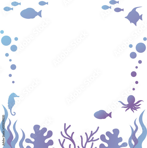 フレーム　夏　海　シルエット　魚　海藻　デザイン　テンプレート　壁紙　背景　イラスト 　素材