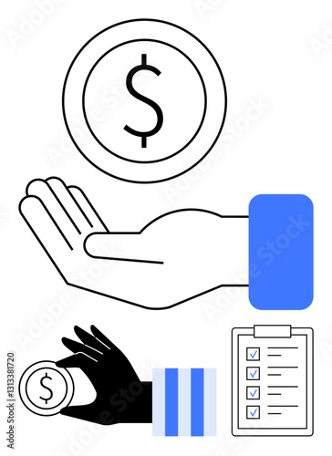 Open hand holding coin, smaller hand placing coin, and checklist with completed tasks. Ideal for finance, contribution, money management, productivity, banking charity and workflow. Flat simple