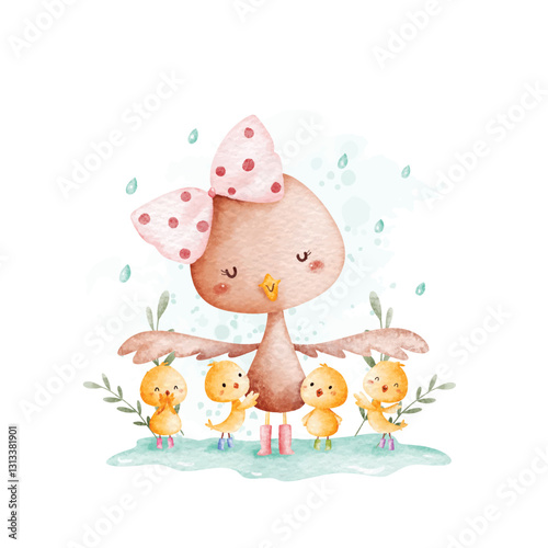 Watercolor Illustration Mother and Baby Chicken