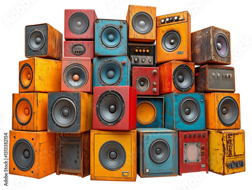 Creative stack of colorful audio music speakers in various sizes and styles, showcasing vibrant colors and textures