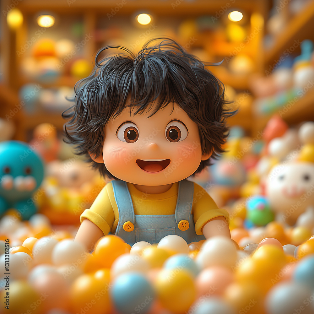 cheerful child with curly hair playing in colorful ball pit, surrounded by toys and soft textures, radiating joy and innocence cheerful child with curly hair playing in colorful ball pit, surrounded by toys and soft textures, radiating joy and innocence