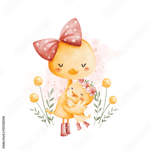 Watercolor Illustration Mother and Baby Duck