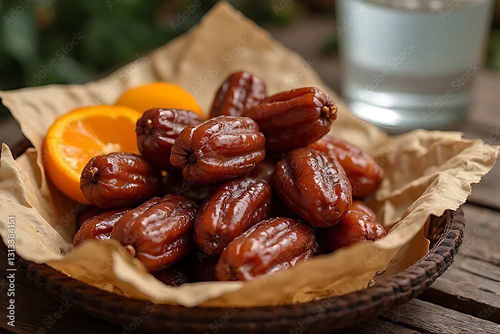 A lot of dates and orange plate are arranged food with Ramadan A lot of dates and orange plate are arranged food with Ramadan