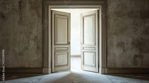 An open doorway reveals a bright  empty space beyond  framed by weathered walls  evoking a sense of mystery and potential.
