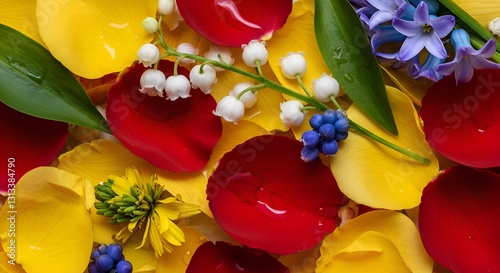 Red and yellow rose petals with fresh green leaves, buds, with other spring flowers