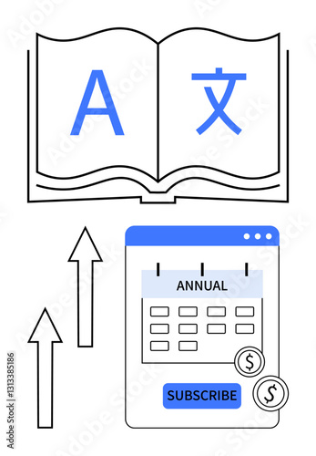 Open book with multilingual characters, arrows indicating growth, calendar featuring annual subscription option. Ideal for education, learning, subscription services, global communication, growth