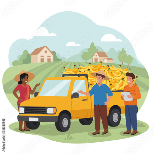 Banana Harvest at Farm with Farmers and Truck Full of Fruit